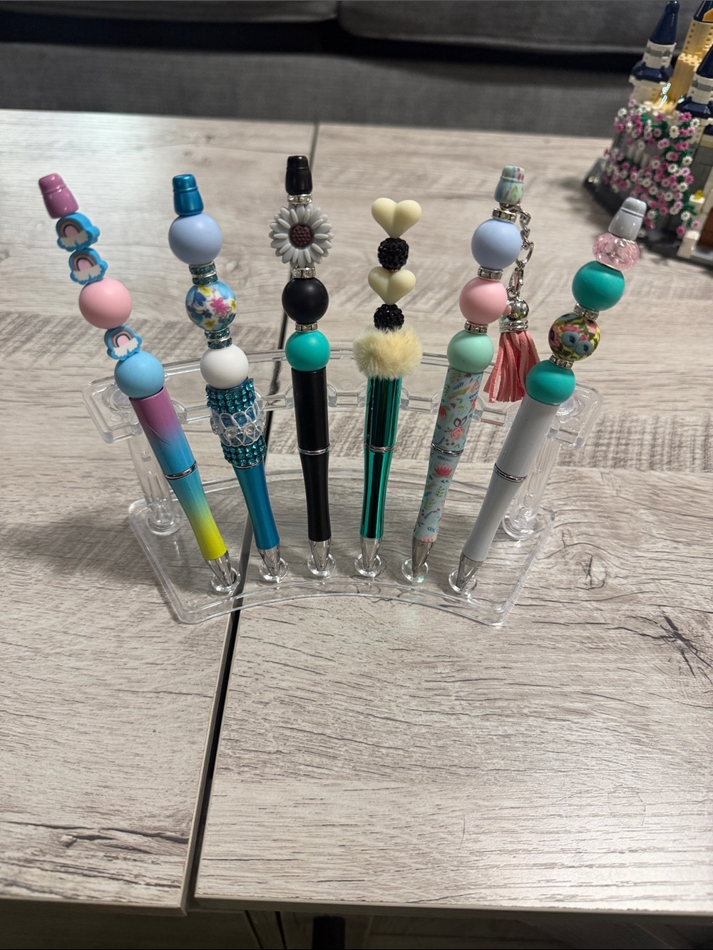 Set of 6 Decorative Beaded Pens - Pastel & Teal Accents Black Ink